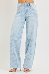 Bleached Daisy Print High Rise Wide Baggy Jeans Light