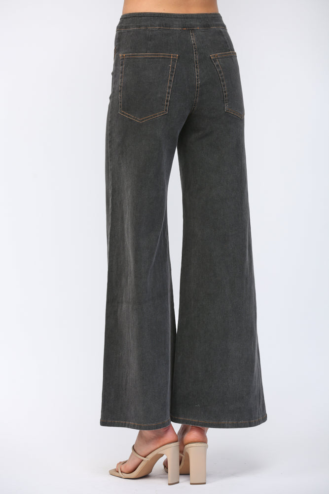 Contrast Stitch Triple Pintuck High Waist Flare Pants Black