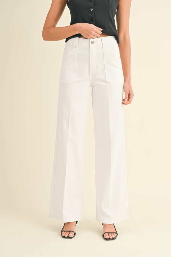 Patch Pocket Wide Leg Flare Jeans White