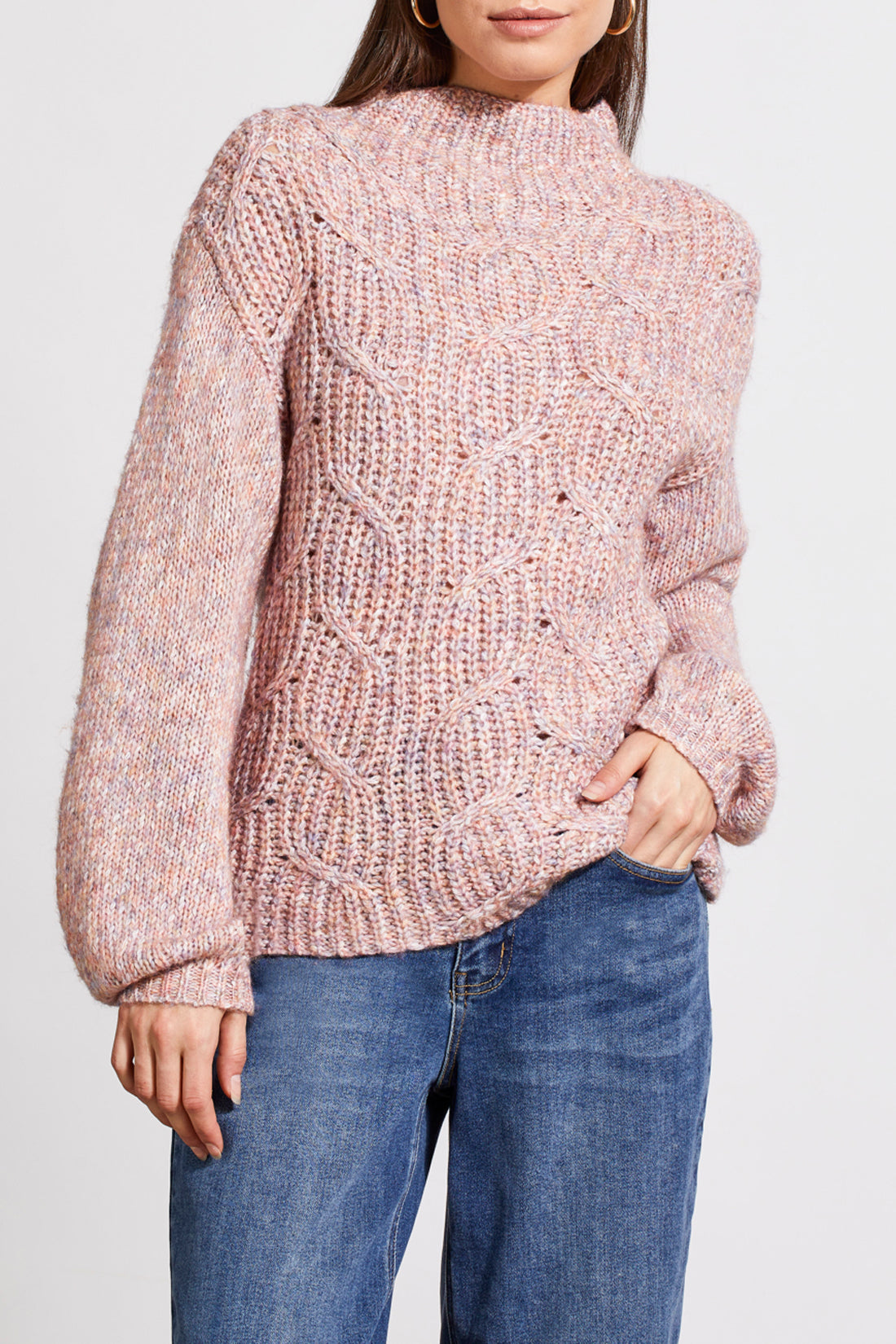 Funnel Neck Oversize Cable Knit Confetti Sweater Deep Rose