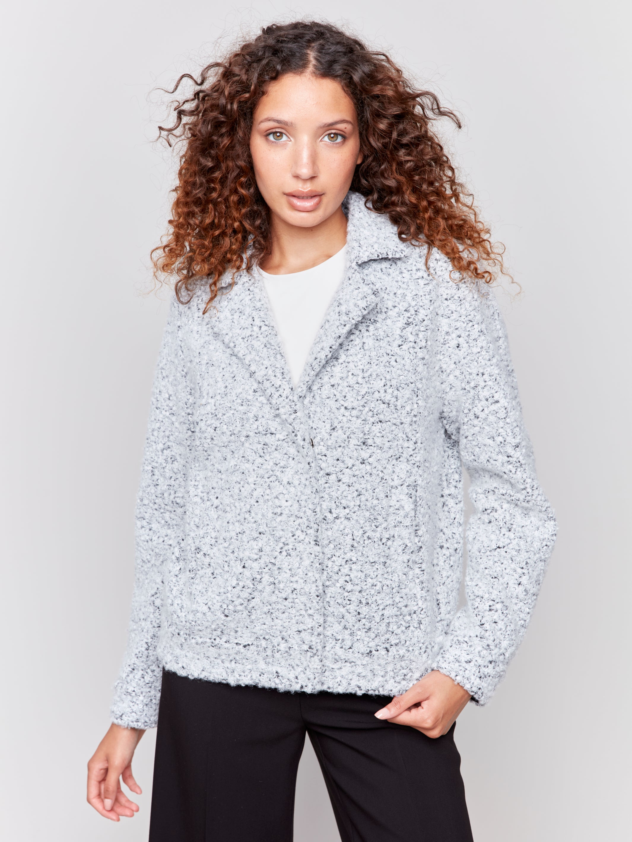 Boucle Knit Patterned Short Coat Heather Charcoal