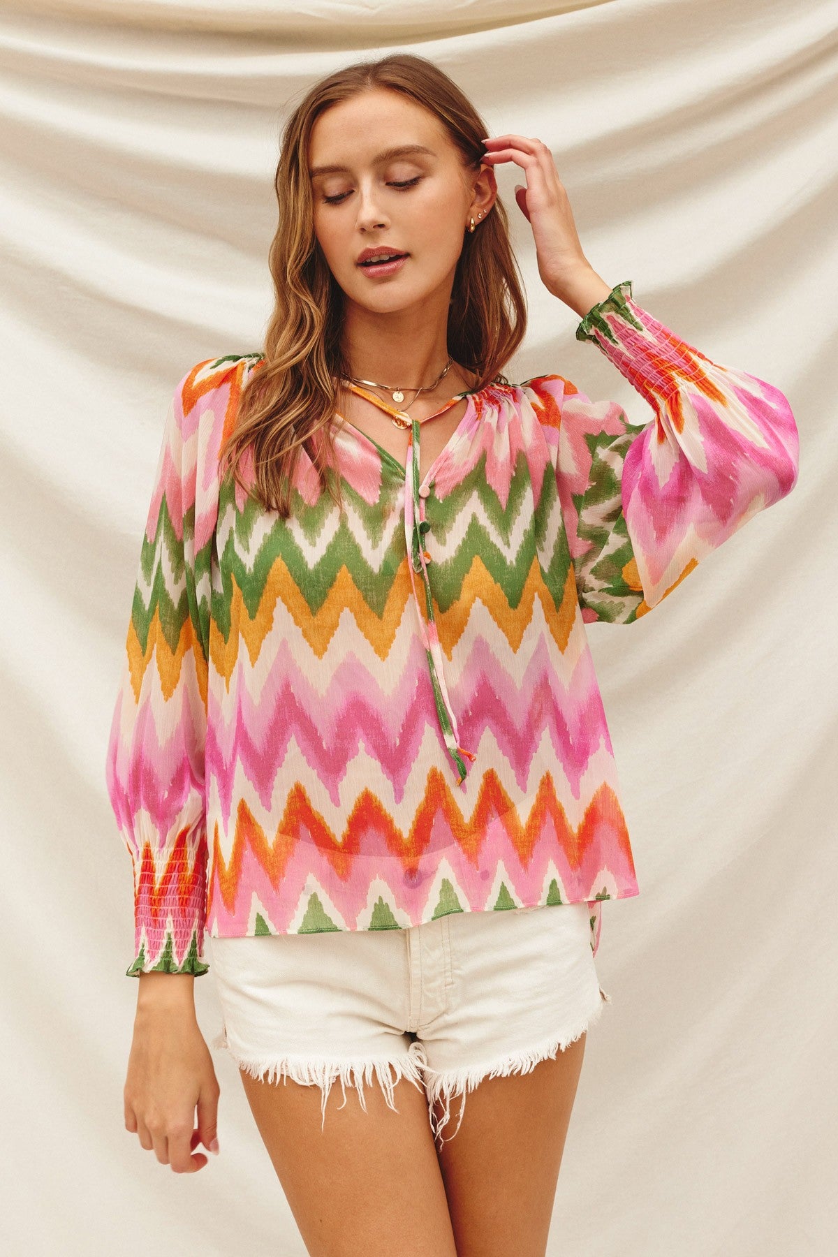 Watermelon Sugar Smocked Neckline Flowy Blouse Sunset Cosmo