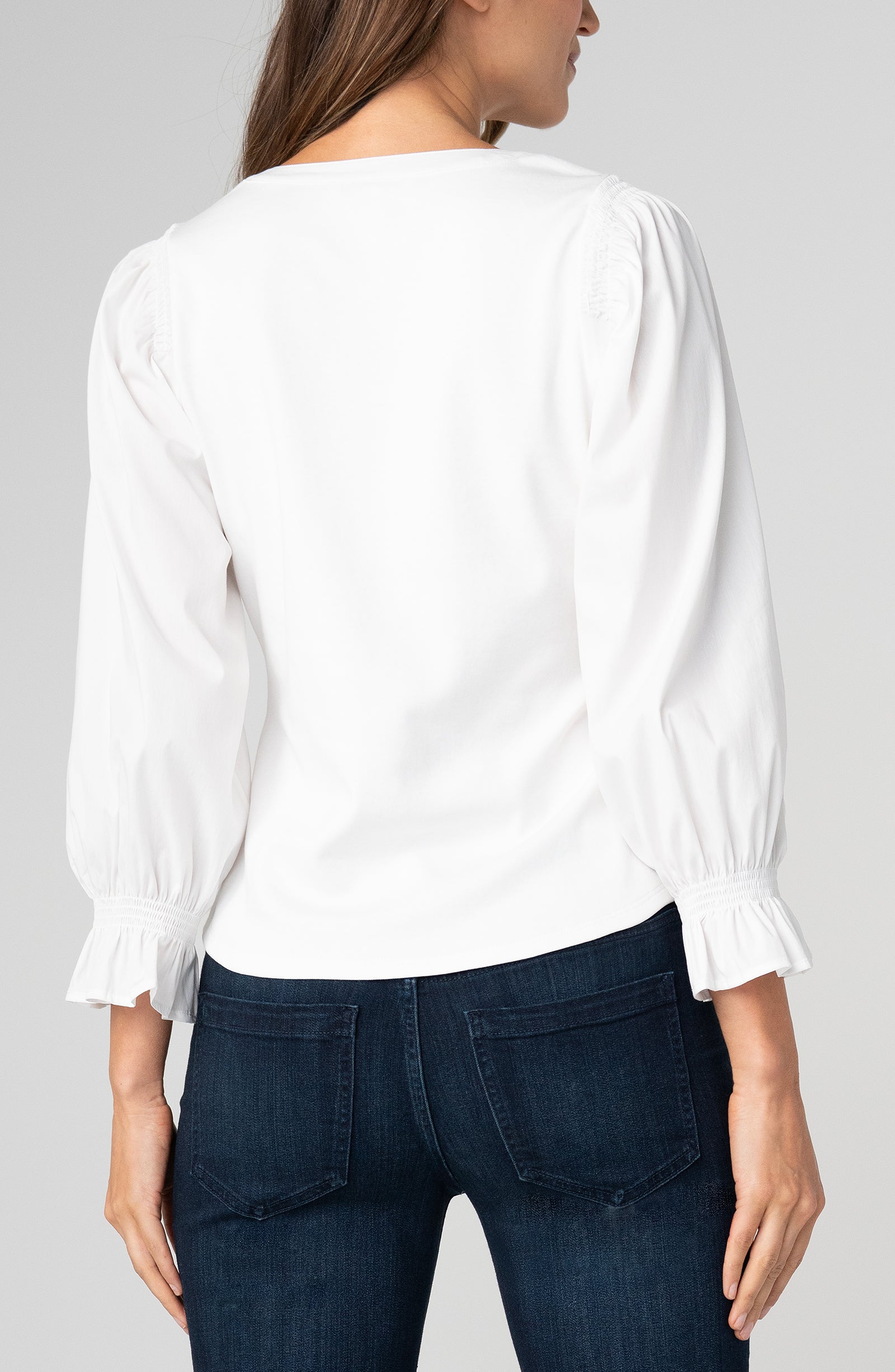 3/4 Sleeve Knit To Woven Smock Blouse White
