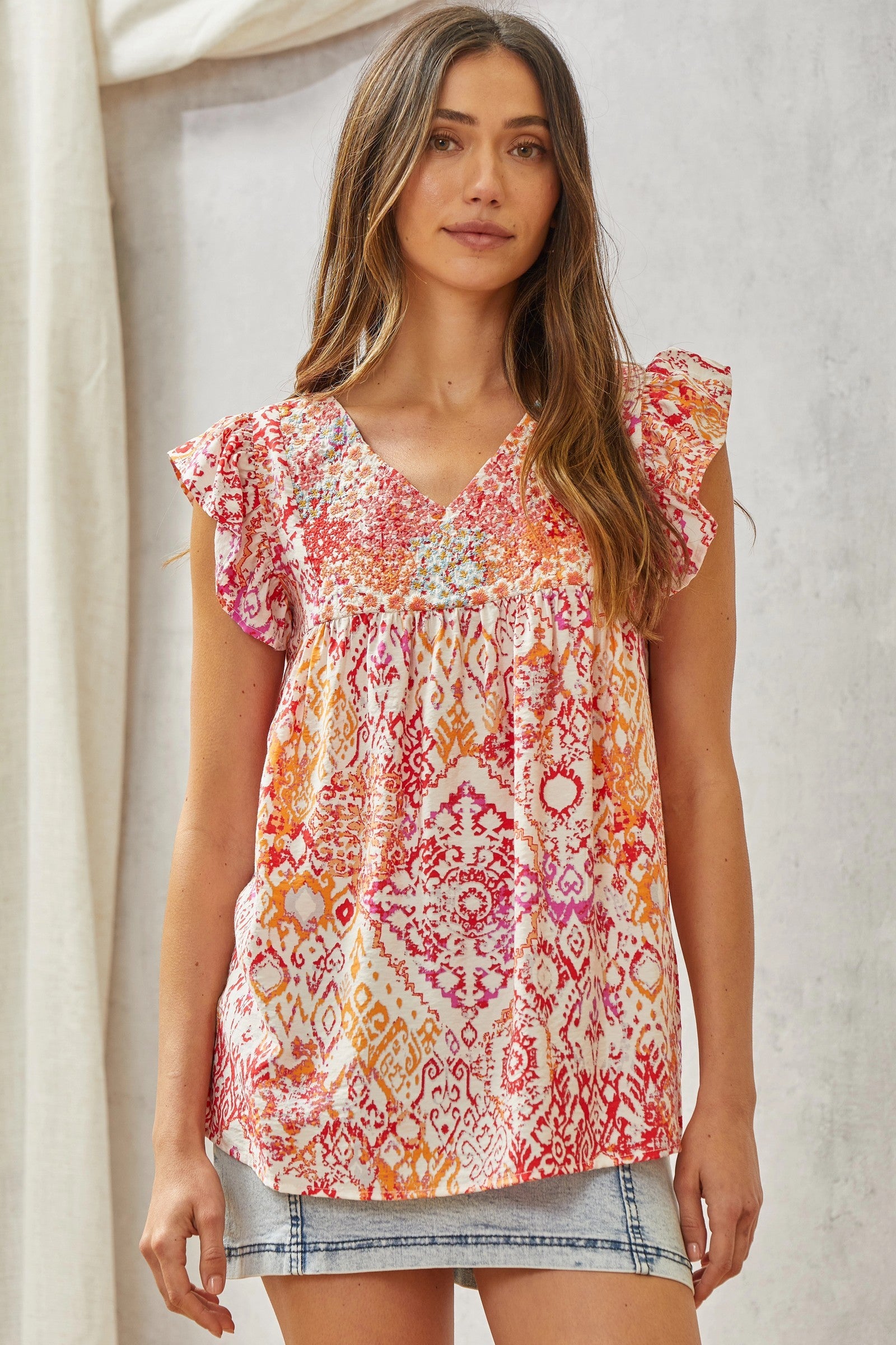 Flutter Aztec Print Mini Floral Babydoll Top Multi