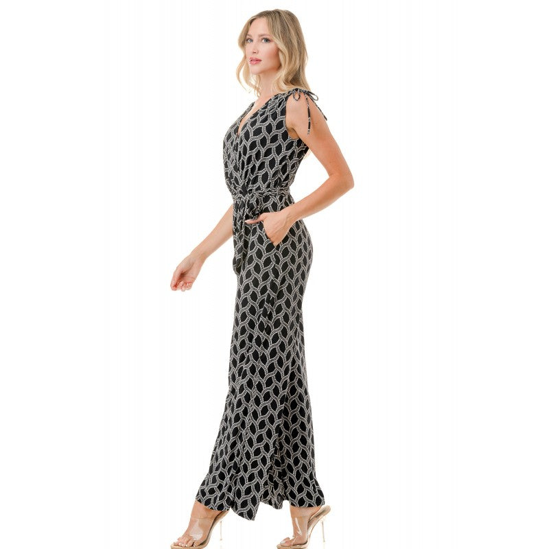 Tie Shoulder Belted Wide Leg Jumpsuit Black White Wave Chain