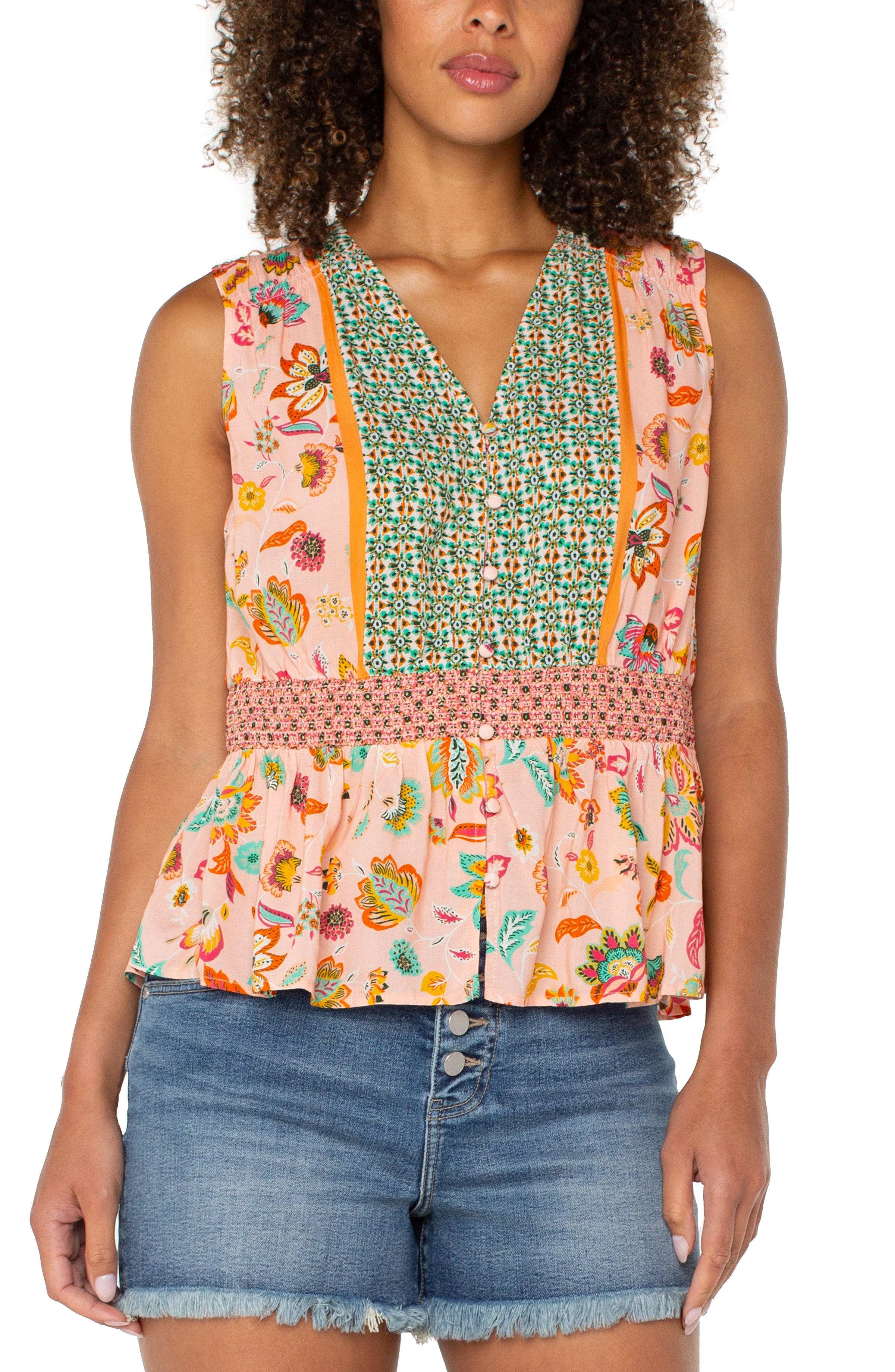 Mixed Print Smocked Waist Tank Pink Green Multi Floral