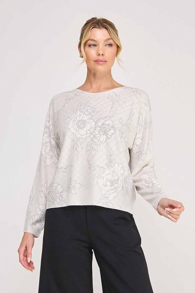 Diamond Pointelle Floral Print Sweater Sandshell