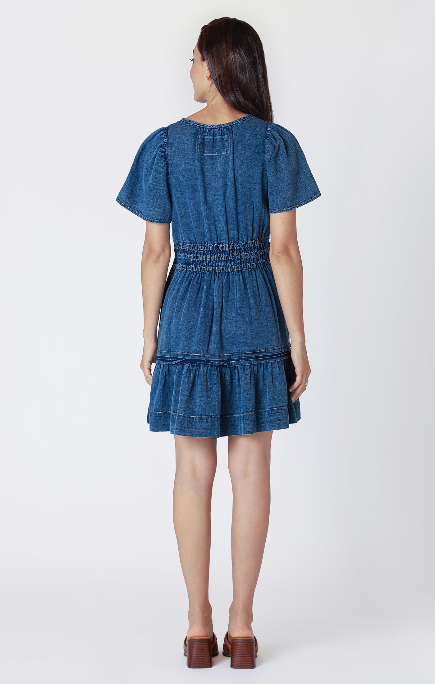 Tiered Denim Flutter Mini Dress Medium Indigo
