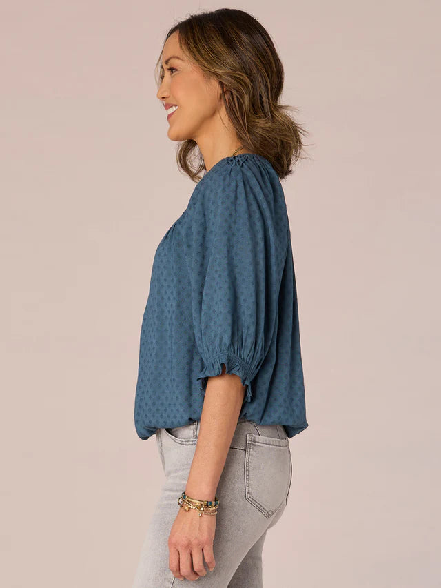 Elbow Blouson Sleeve Smocked Bubble Hem Top Wistful Teal