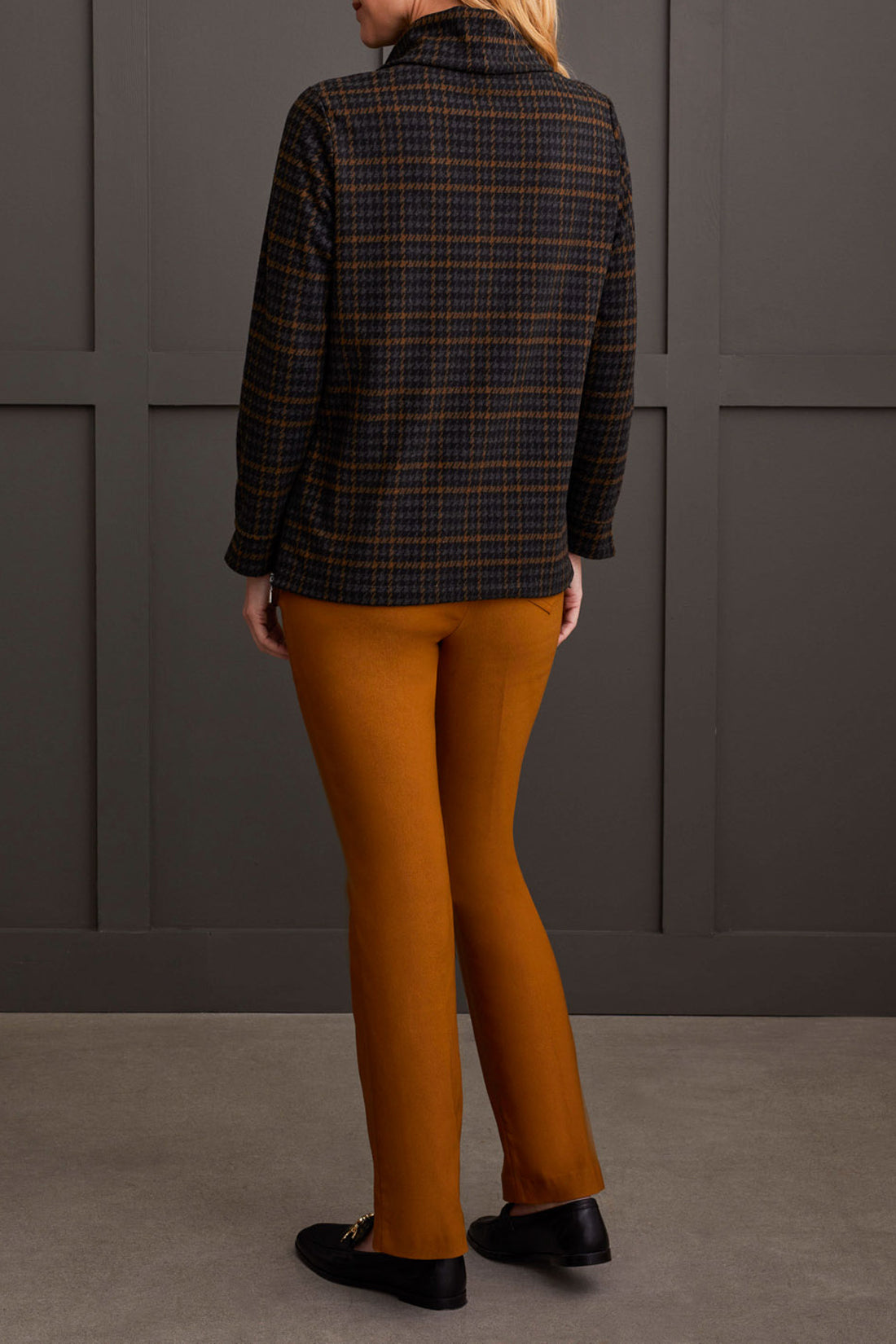 Zip Side Printed Cowl Neck Top Walnut Plaid