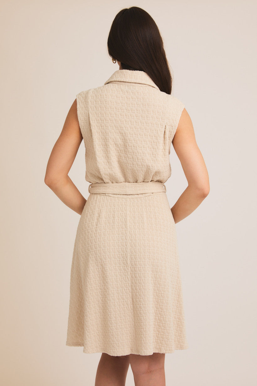 Collar Button Up Waist Tie Mini Dress Cream