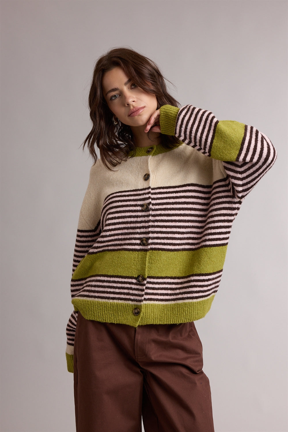 Striped Colorblock Sweater Cardigan Avocado + Espresso