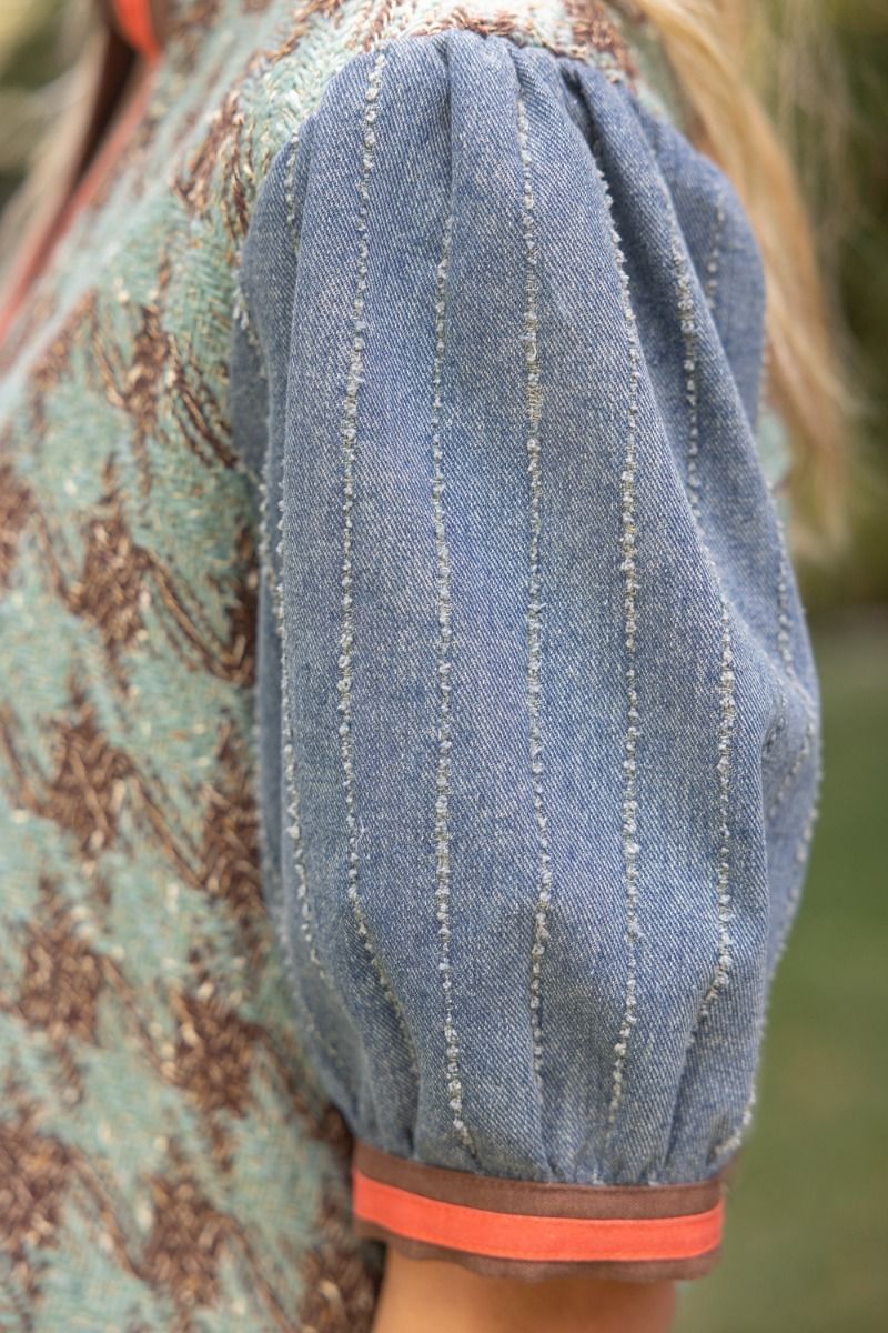 Stripe Denim Sleeve Houndstooth Tweed Top Sage