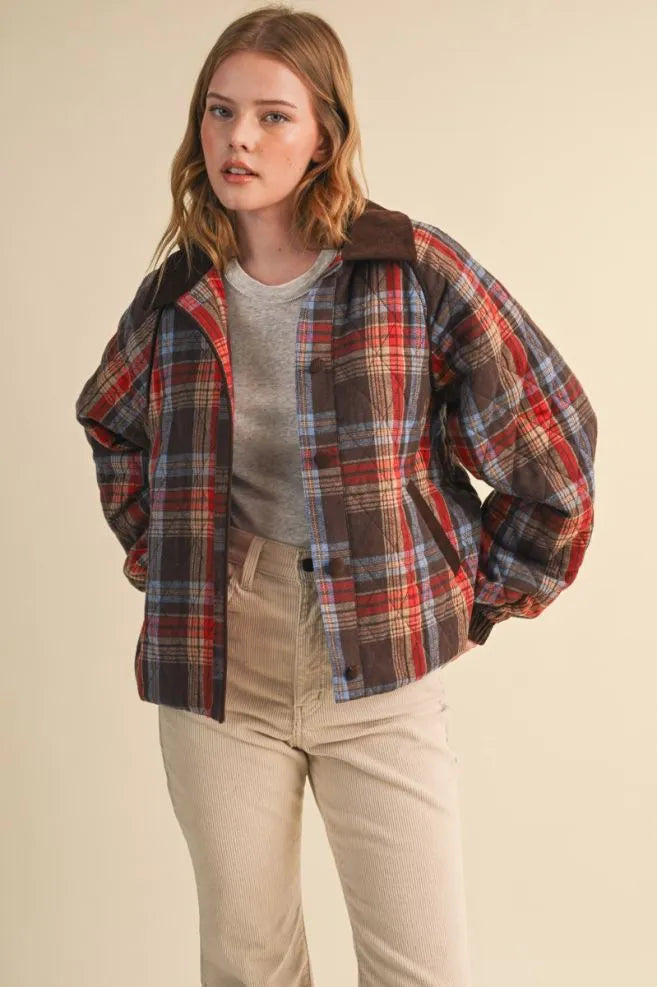 Corduroy Detail Plaid Quilted Jacket Brown Red