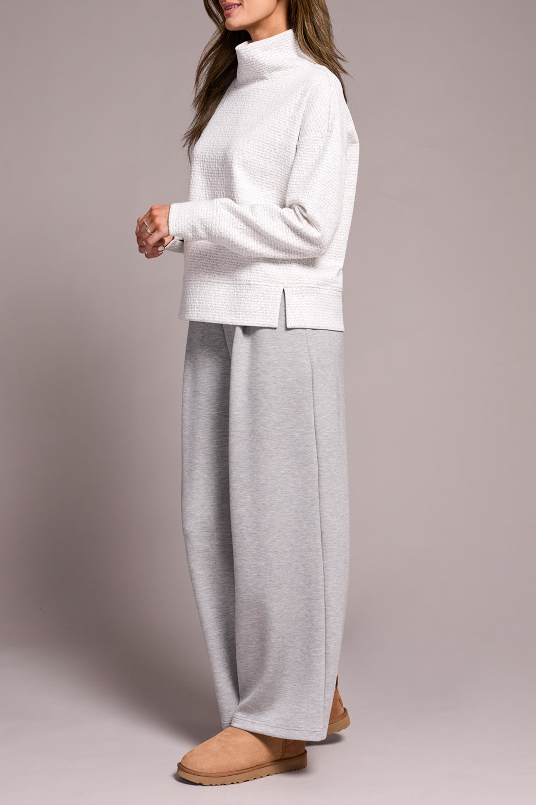 Textured Funnel Neck Long Sleeve Top Heather Frost Grey