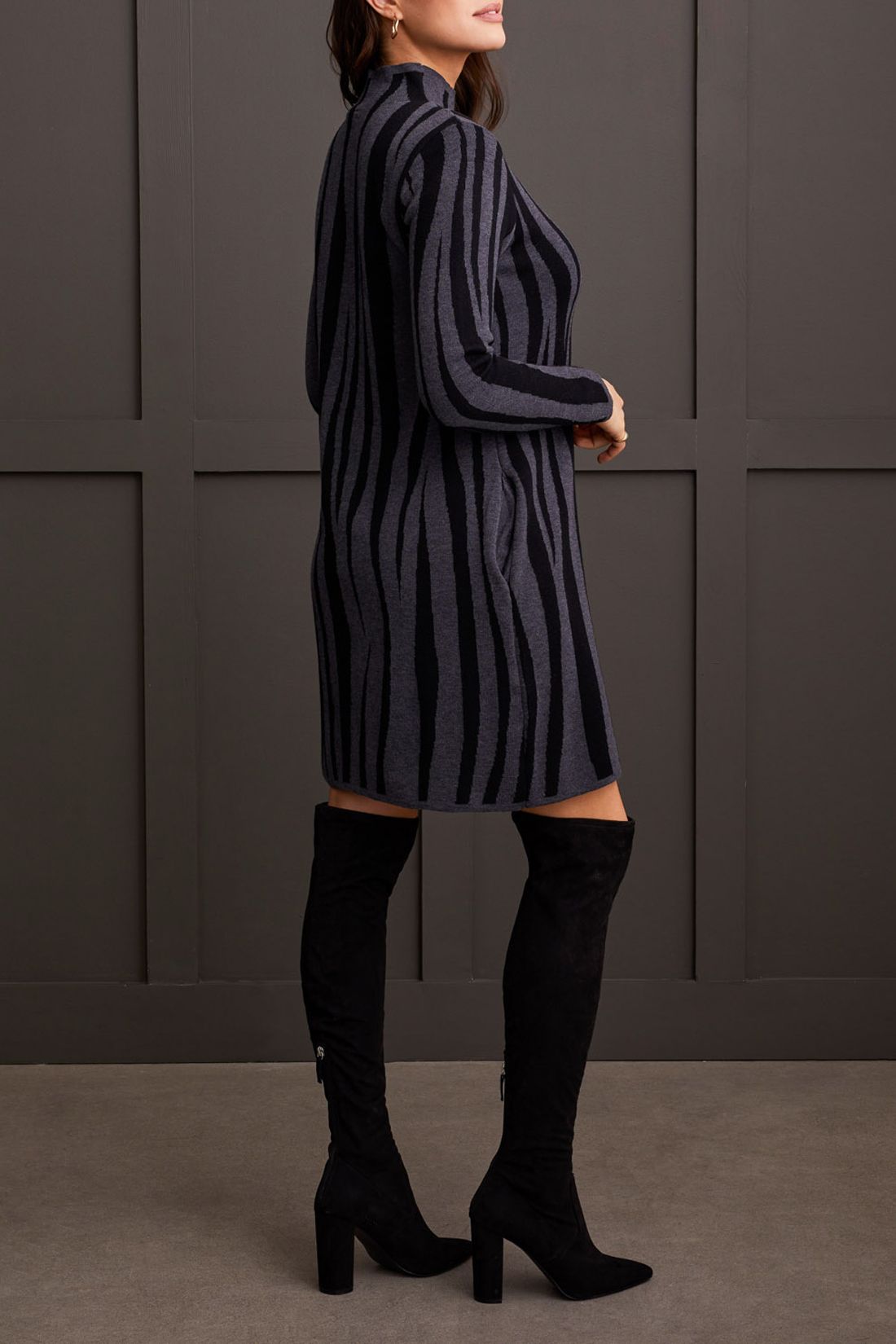 Funnel Neck Jacquard Sweater Dress Charcoal