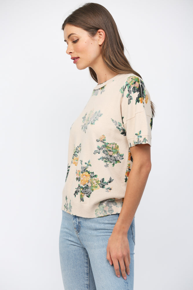 Washed Print Crew Neck Short Sleeve Sweater Beige Multi