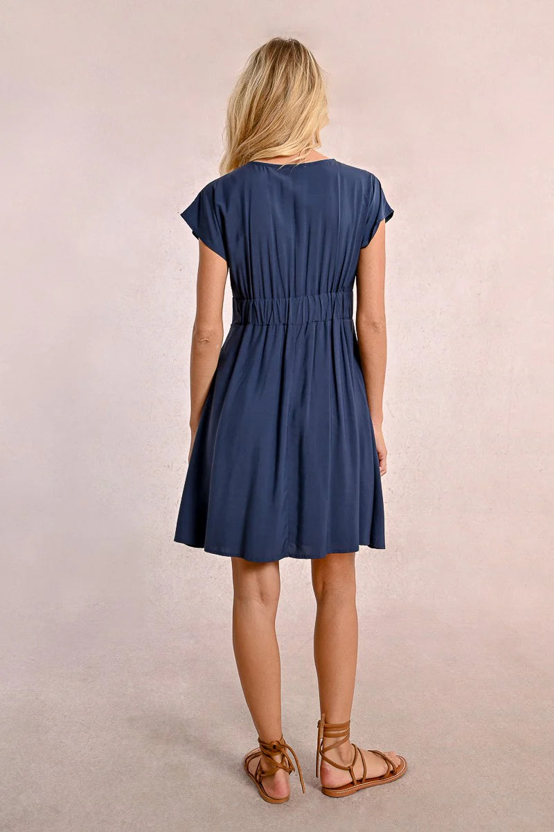 Pleat Detail Cap Sleeve Vneck Midi Dress Navy Blue