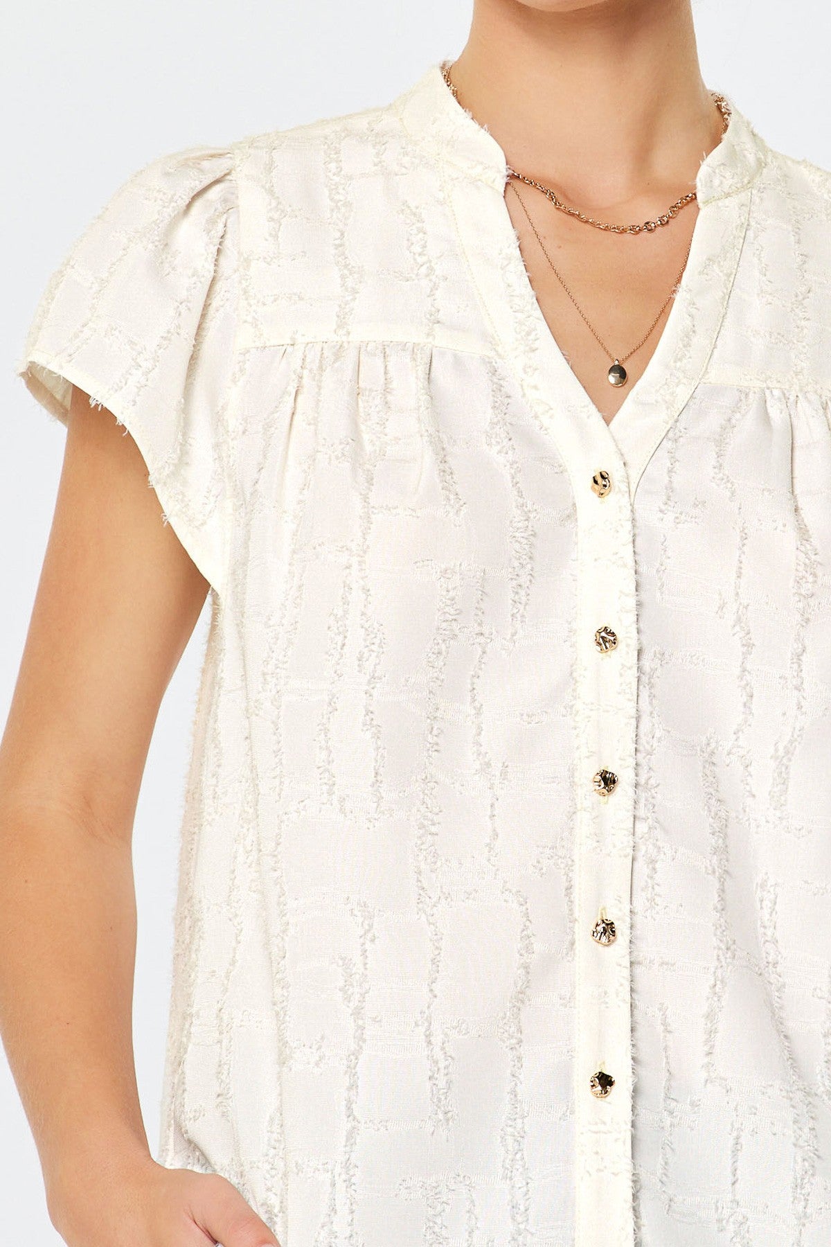 Raw Frayed Textured Button Down Blouse White