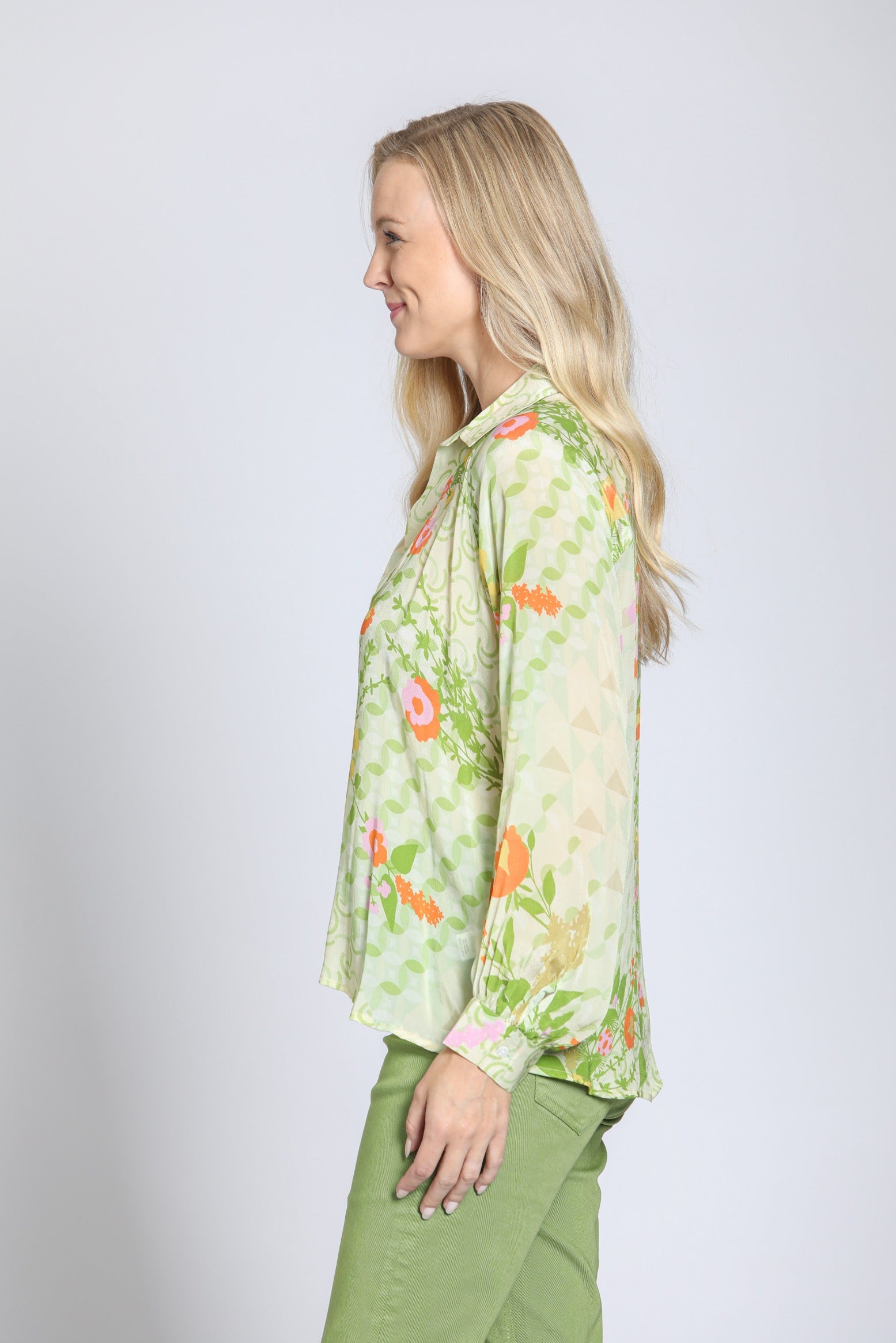 Collared Vneck Printed Blouse Light Green Multi