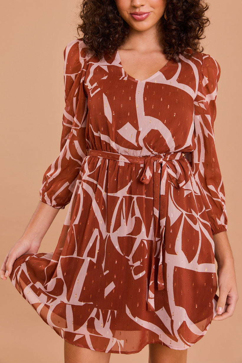 Abstract Print Textured Tie Waist Dress Rust + Taupe