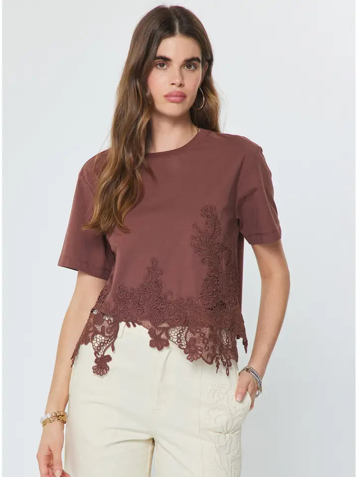Lace Hem Cropped Tee Brown