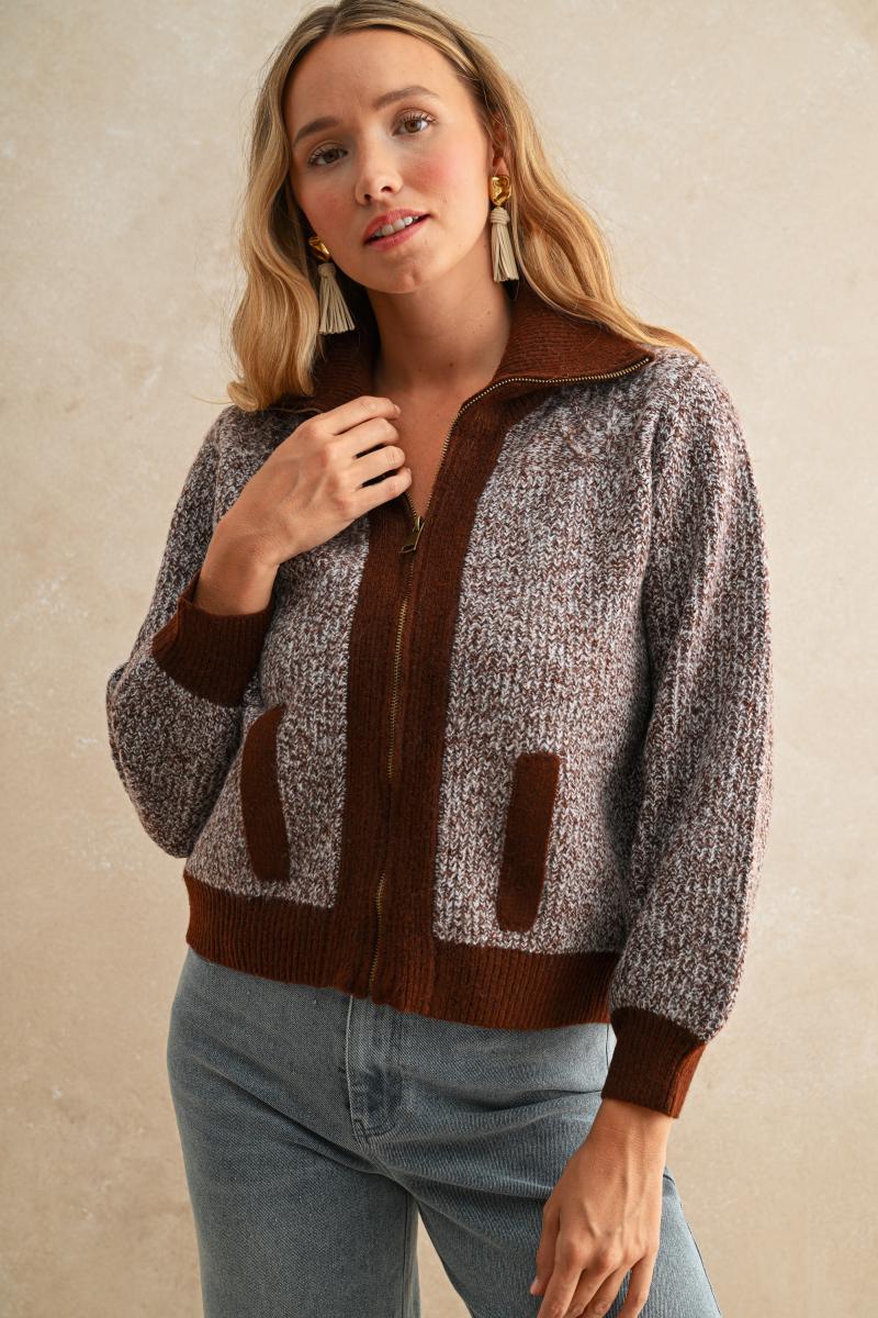 Rustic Charm Contrast Trim Sweater Coat Mocha