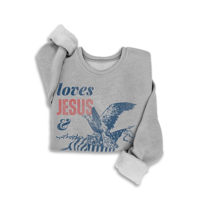 Loves Jesus & America Eagle Sweatshirt Mineral Heather Grey