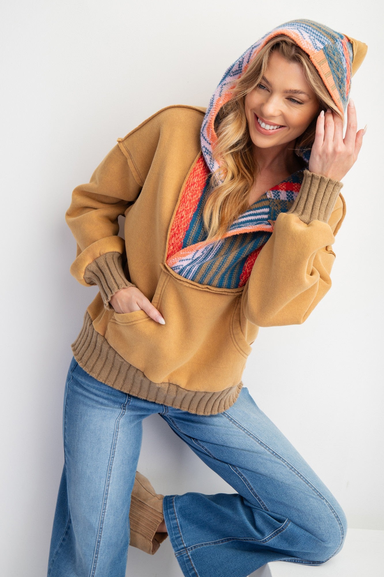 February Washed Multi Color Thread Hoodie Camel