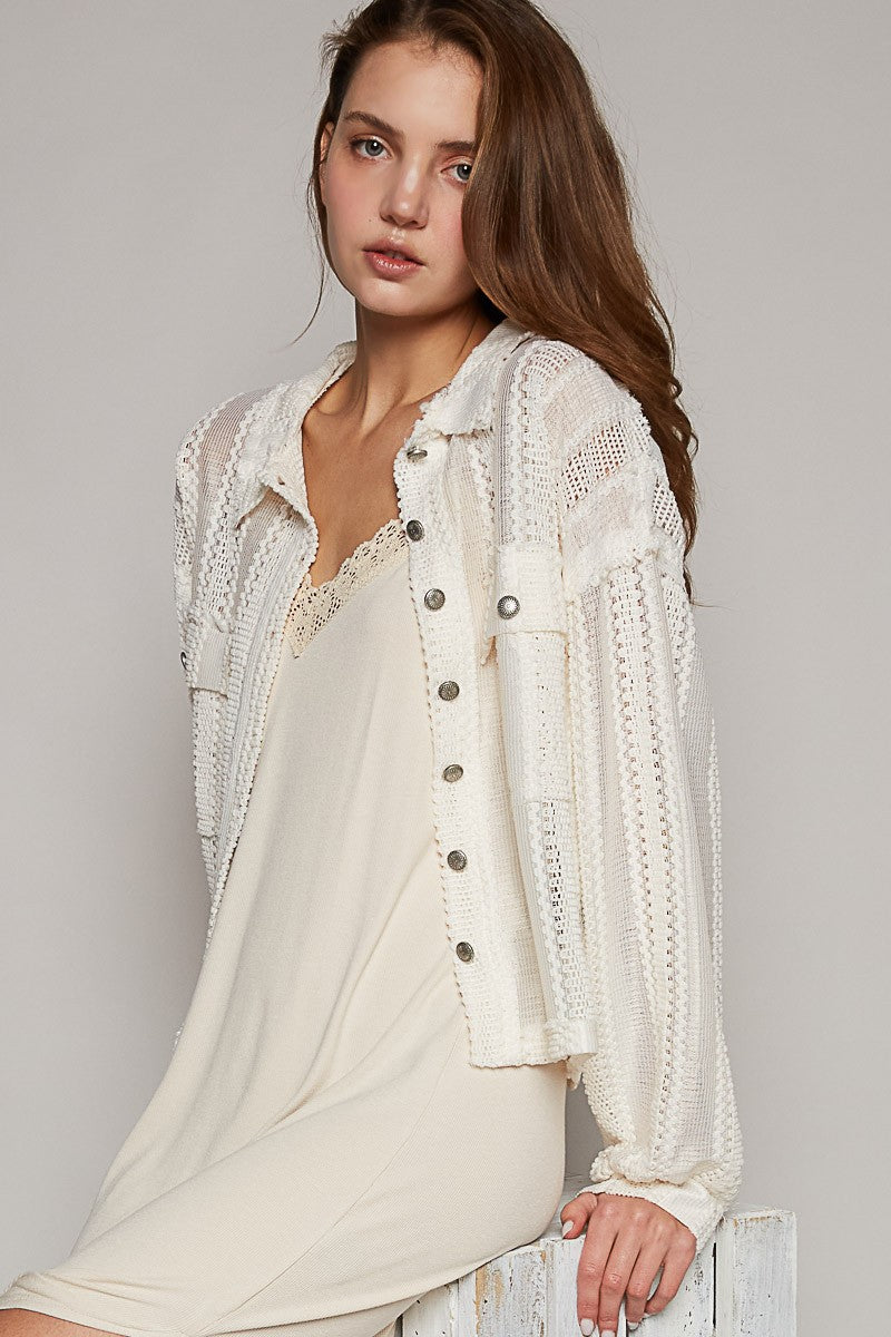 Striped Lace Crochet Front Pocket Shacket Cream