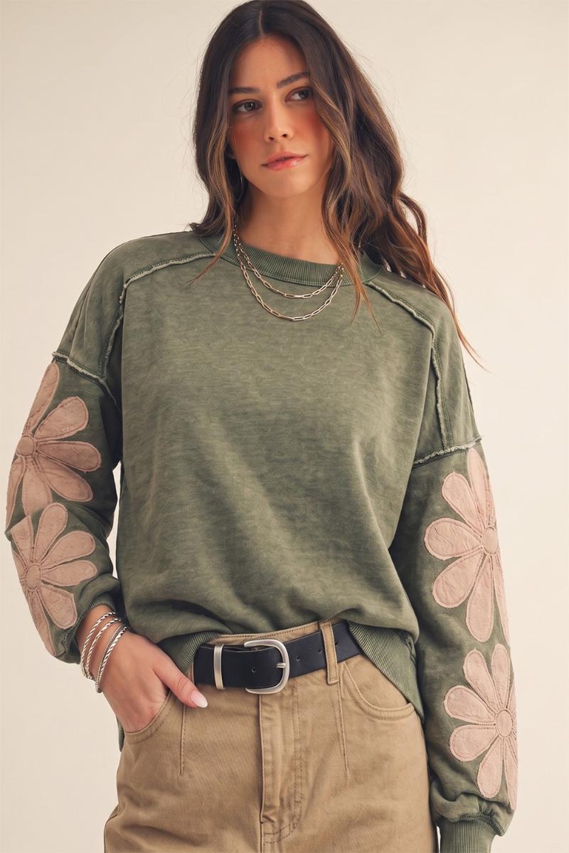Dusty Daisy Patch Washed Sweatshirt Washed Olive