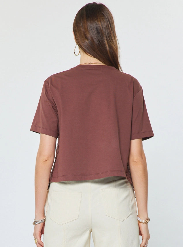Lace Hem Cropped Tee Brown