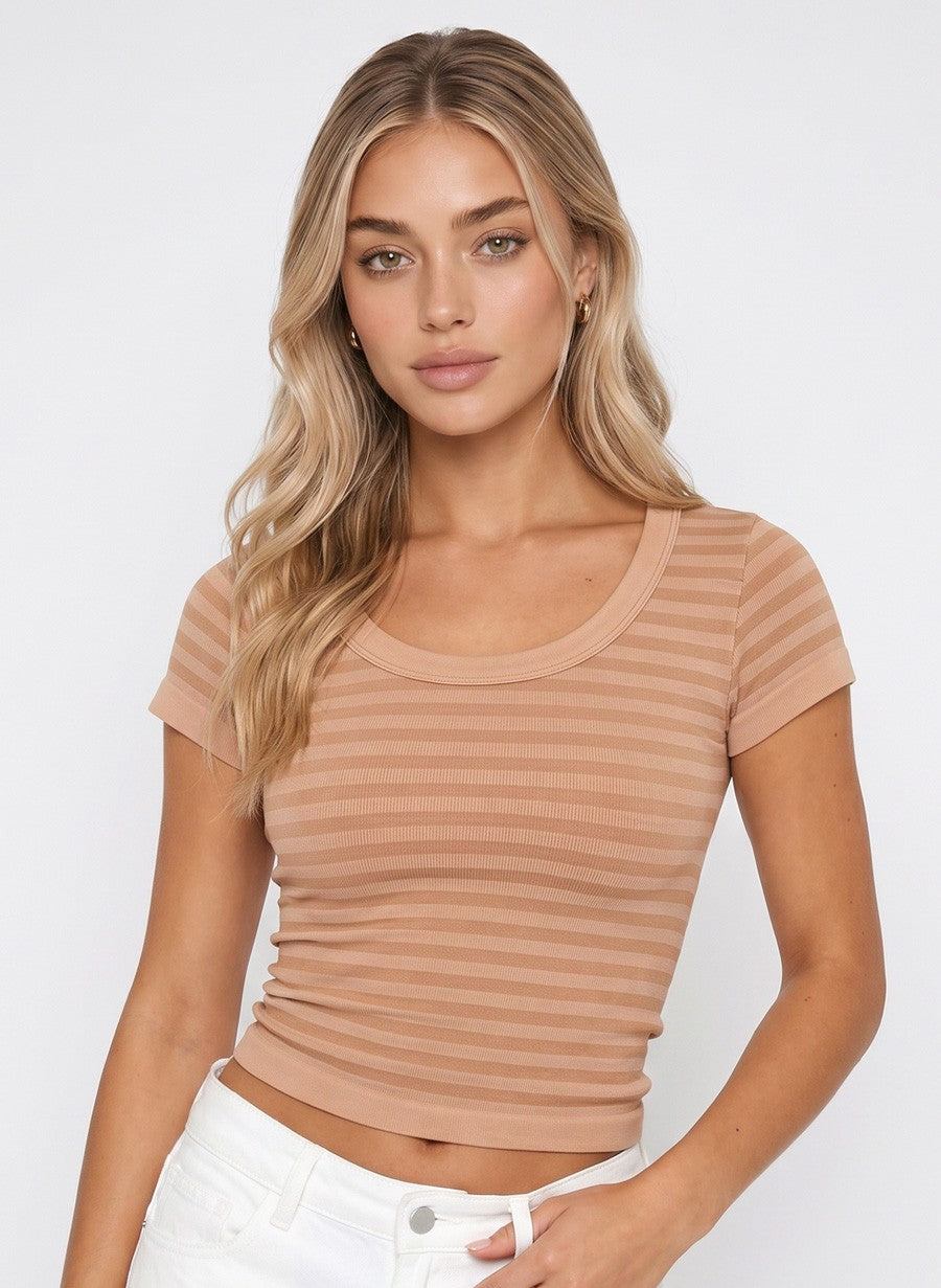 Striped Scoop Neck Tee Milk Tea