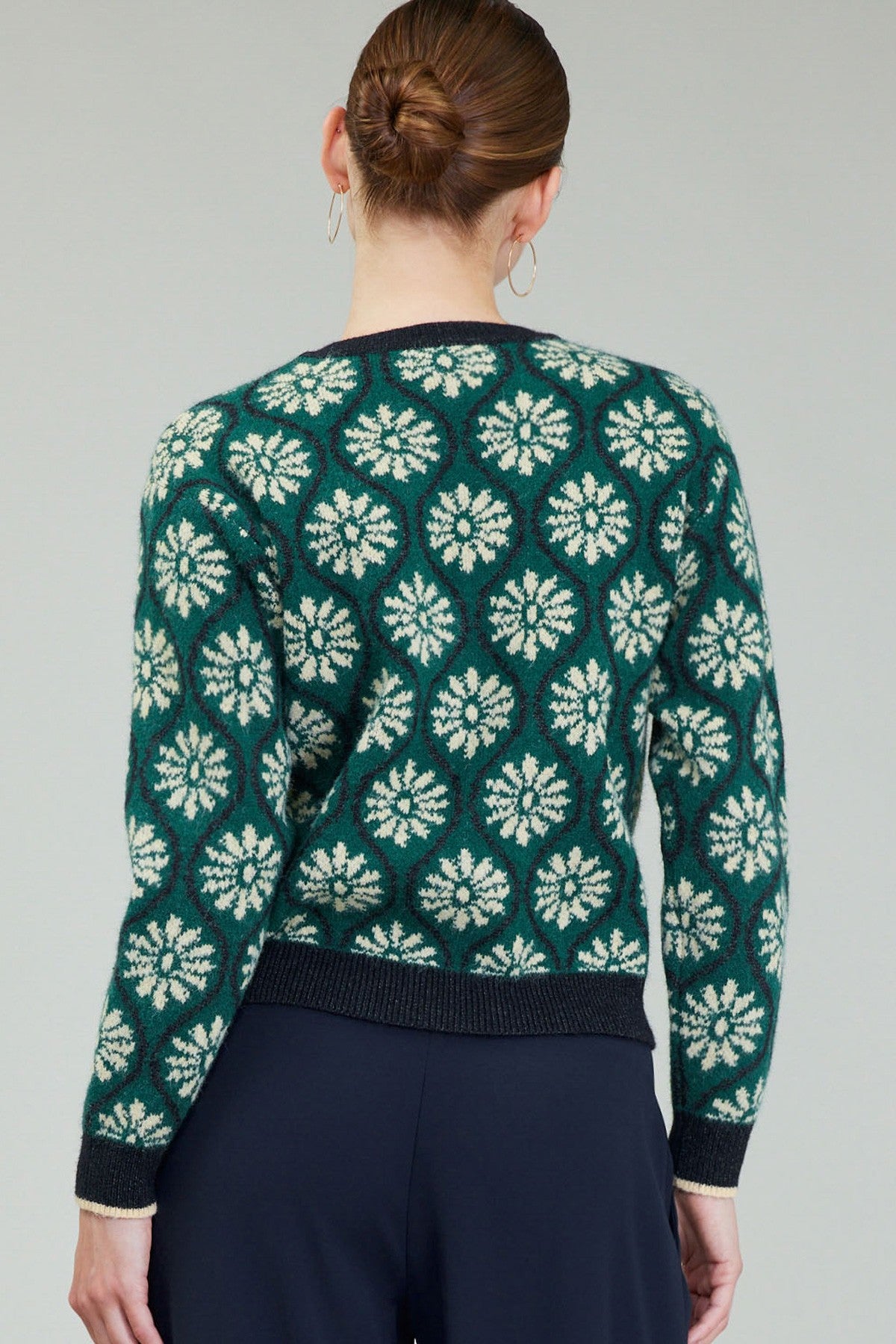 Mod Floral Pullover Sweater Deep Green Multi