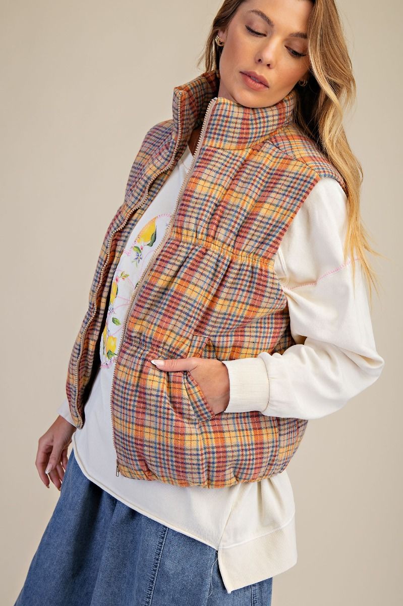 Plaid Scrunch Detail Vest Coral Blue