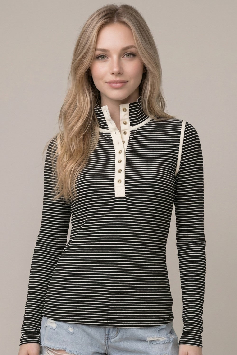 Long Sleeve Striped Henley Top