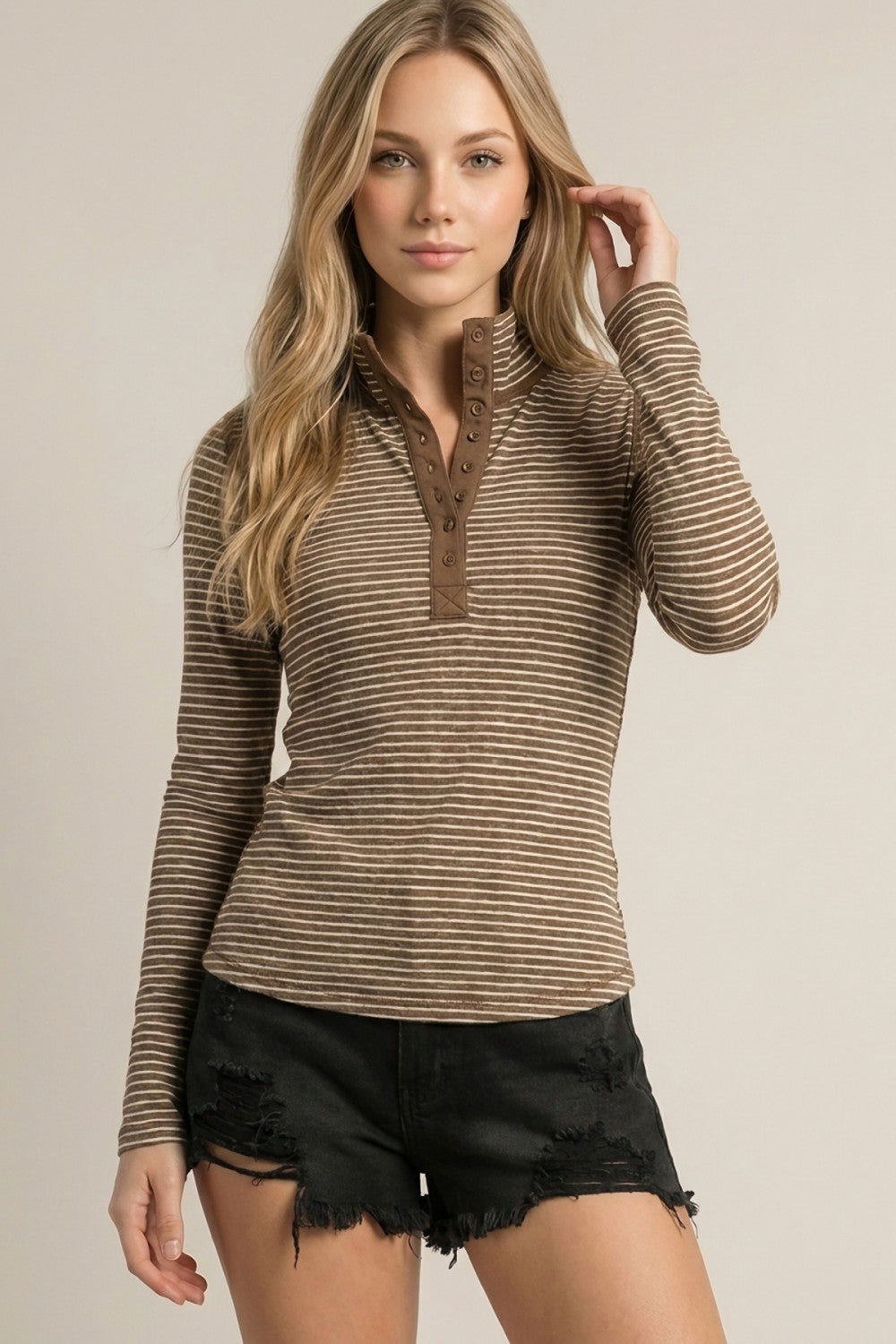 Long Sleeve Striped Henley Top