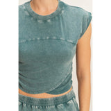 Rolled Sleeve Wrap Front Crop Top Jogger Set Dark Teal