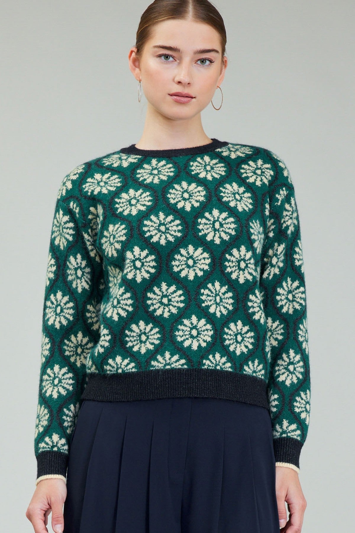 Mod Floral Pullover Sweater Deep Green Multi