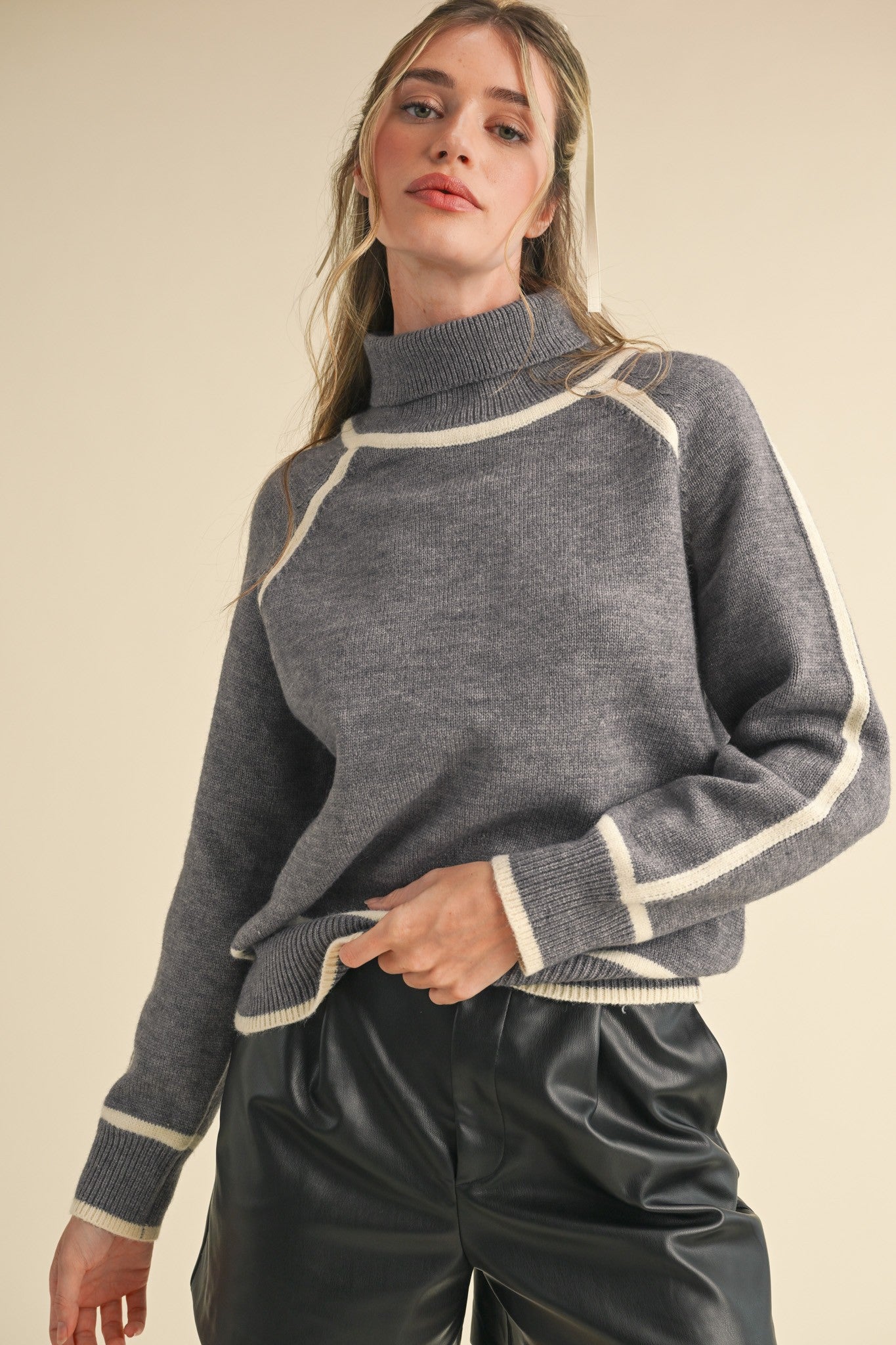 Contrast Trim Turtleneck Sweater Heather Grey