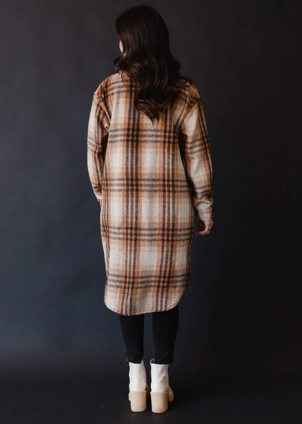 Long Flannel Plaid Jacket Brown, Tan + Rust