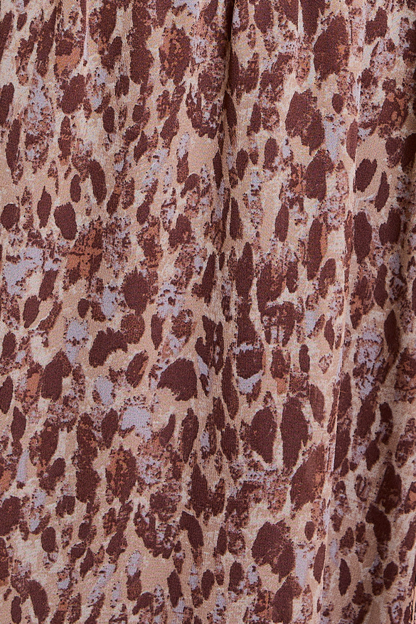 Printed Tie Neck Long Sleeve Dress Mocha