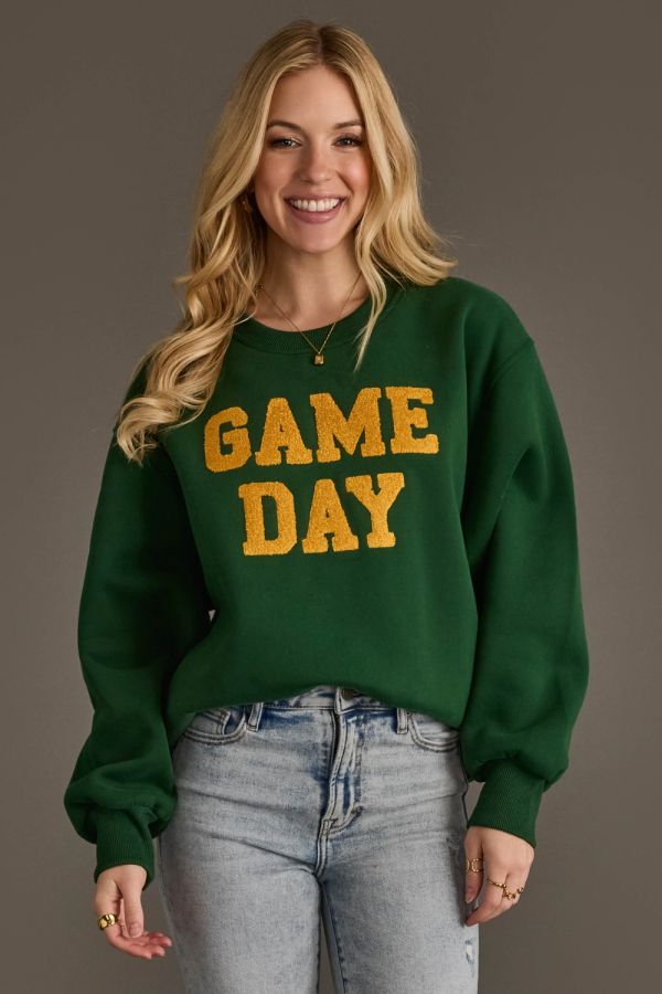 Textured Game Day Crew Neck Sweatshirt Green + Gold