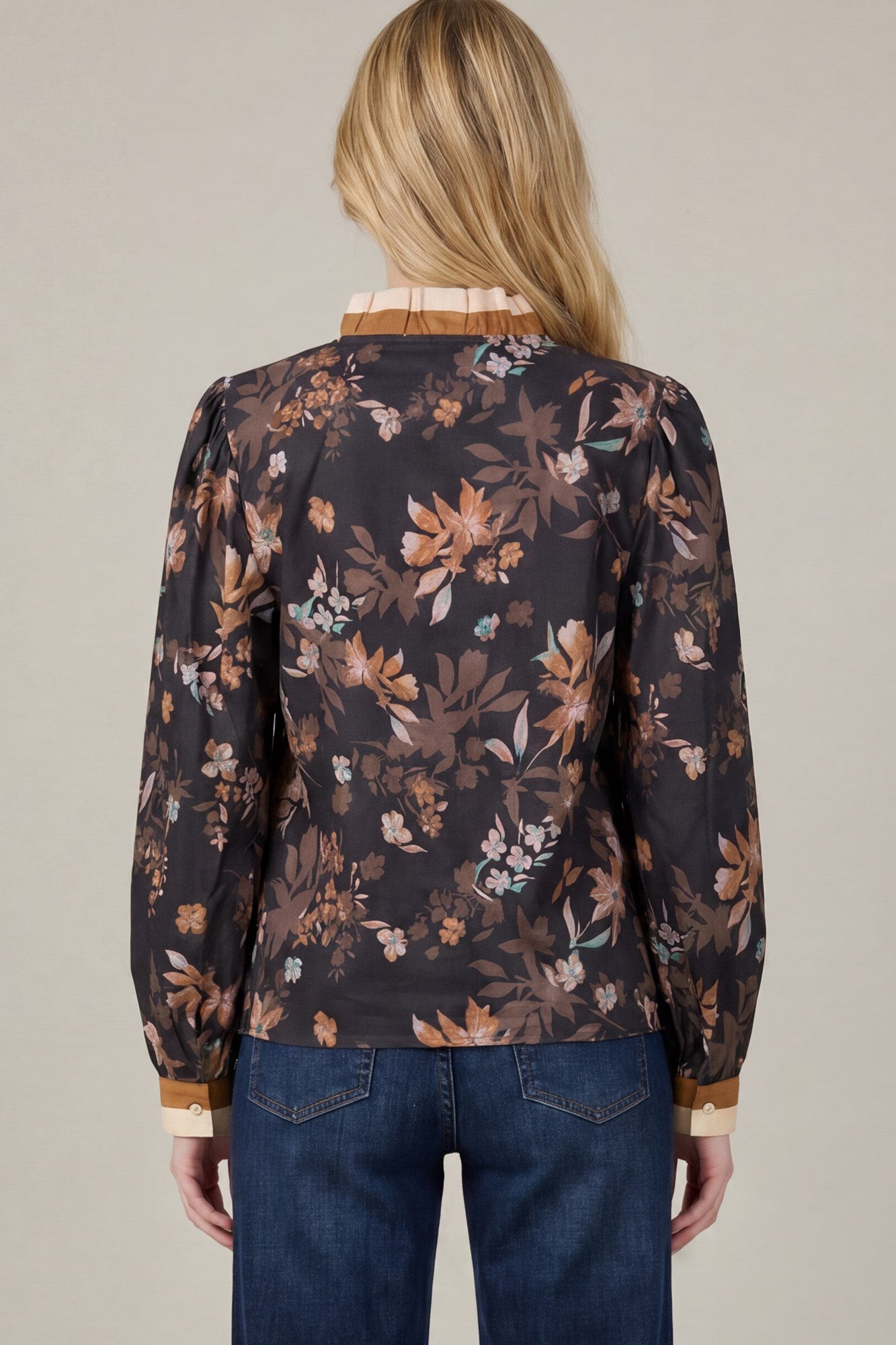 Floral Print Ruffle Trim Long Sleeve Top Black