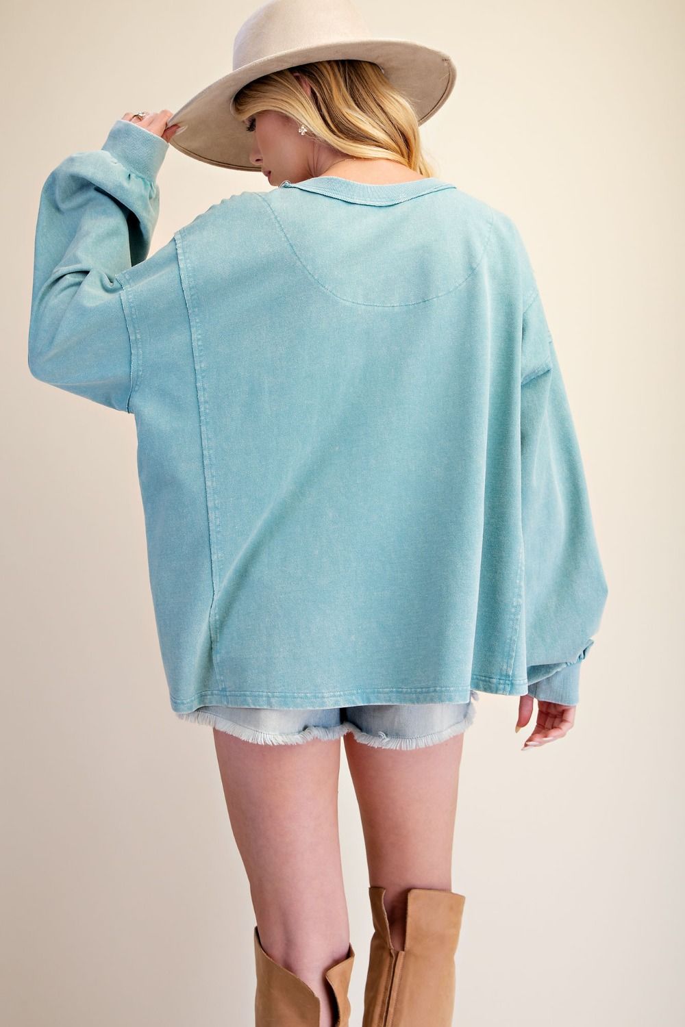 Plaid Floral Patch Pullover Dusty Blue