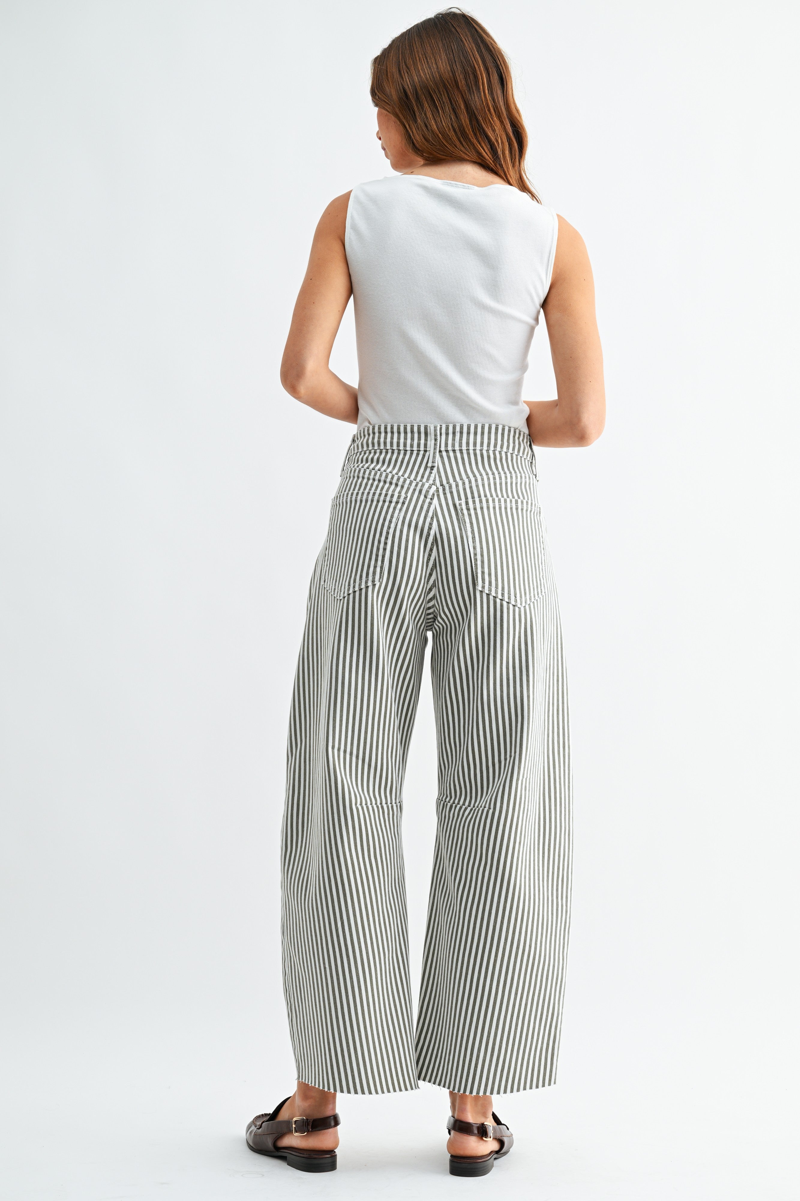 Seam Detail Stripe Barrel Jeans Olive Stripe