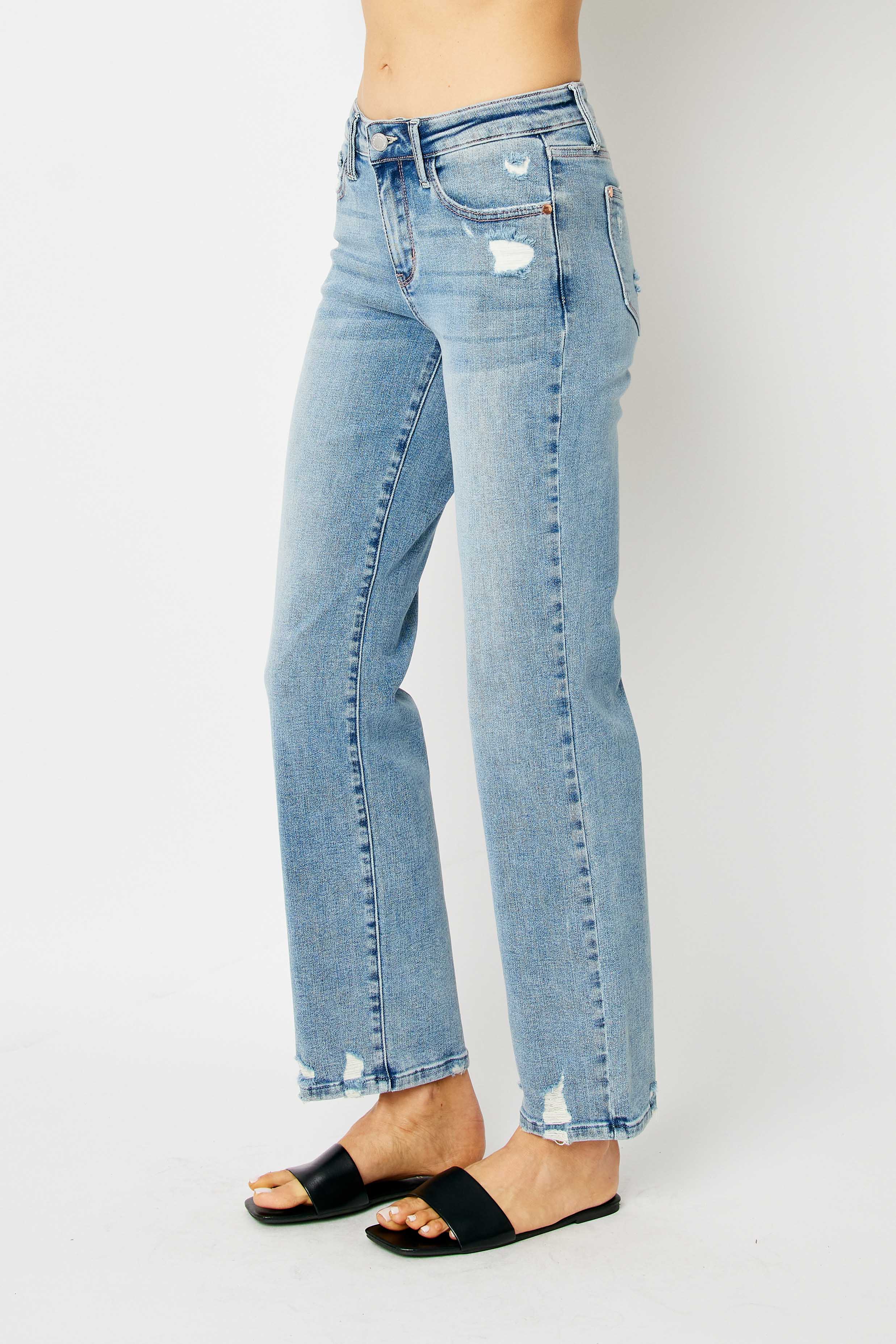 Destructed Detail High Rise Straight Leg Jeans Medium