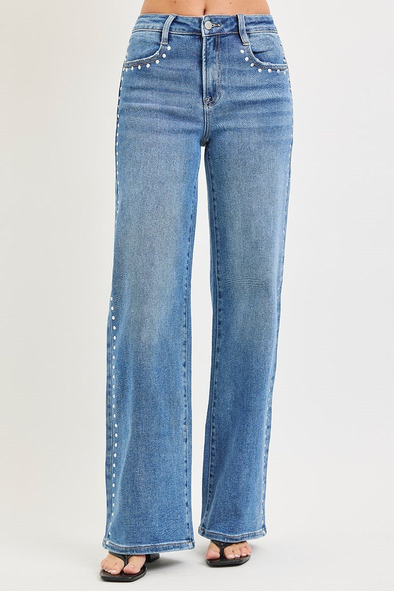 High Rise Wide Leg Studded Jeans Medium