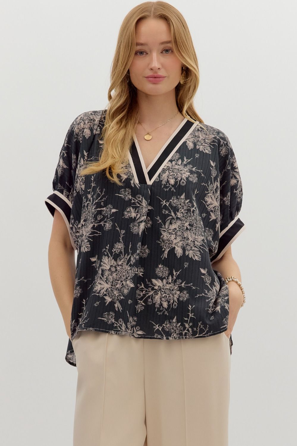Floral Print Pullover Multicolor Band Dolman Top Black