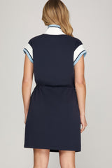 Contrast Rib Band Detail Half Zip Drawstring Mini Dress Navy